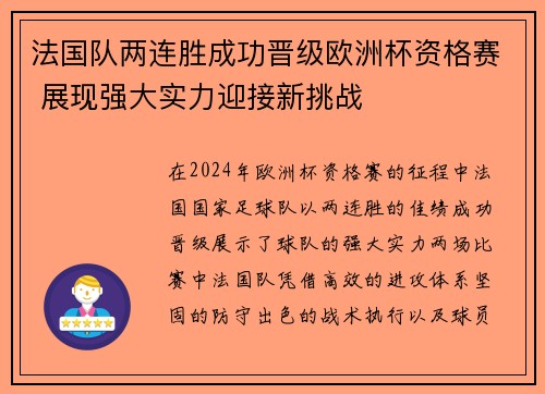 法国队两连胜成功晋级欧洲杯资格赛 展现强大实力迎接新挑战