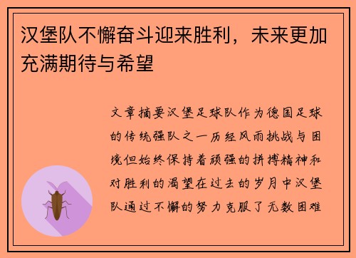 汉堡队不懈奋斗迎来胜利，未来更加充满期待与希望